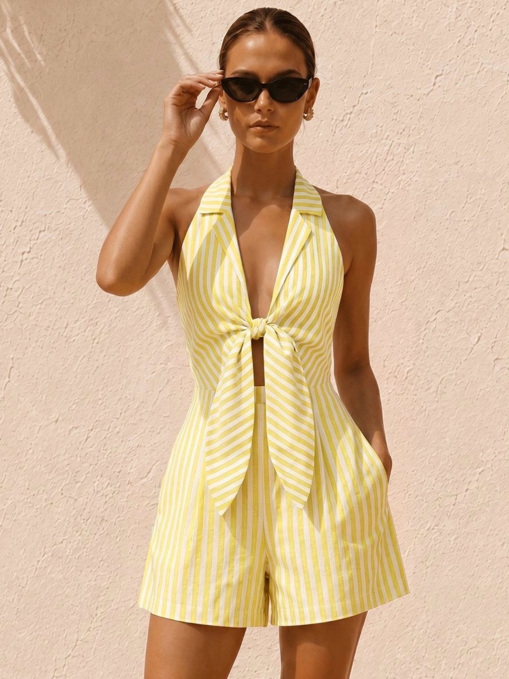 Commense Yellow and White Striped Tie-Front Halter Romper